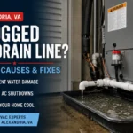 Clogged AC drain line Alexandria VA causing water backup near indoor HVAC air handler