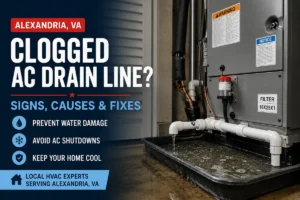 Clogged AC drain line Alexandria VA causing water backup near indoor HVAC air handler