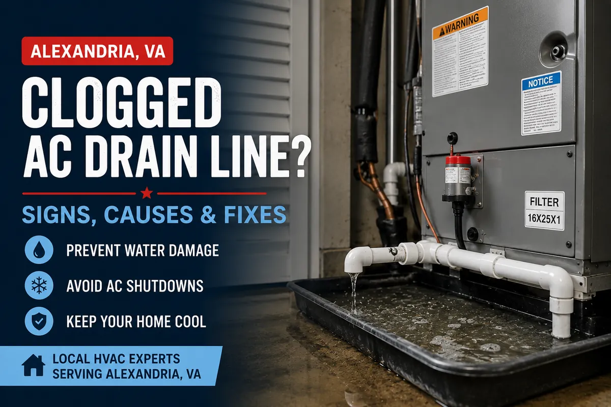 Clogged AC drain line Alexandria VA causing water backup near indoor HVAC air handler