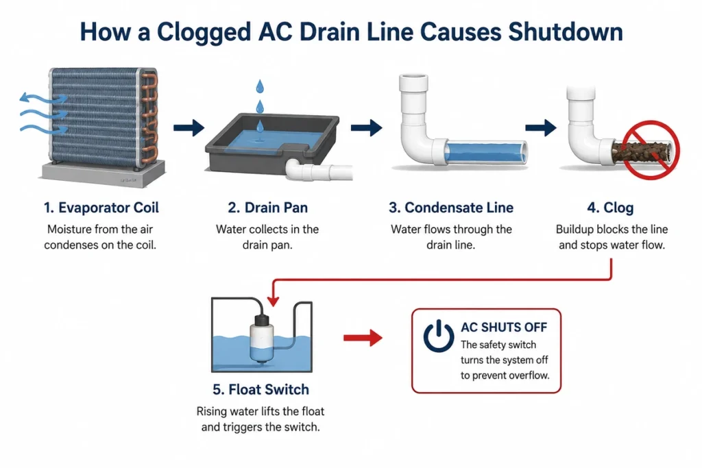 Diagram showing clogged AC drain line, full drain pan, and float switch shutting off AC system in Alexandria VA