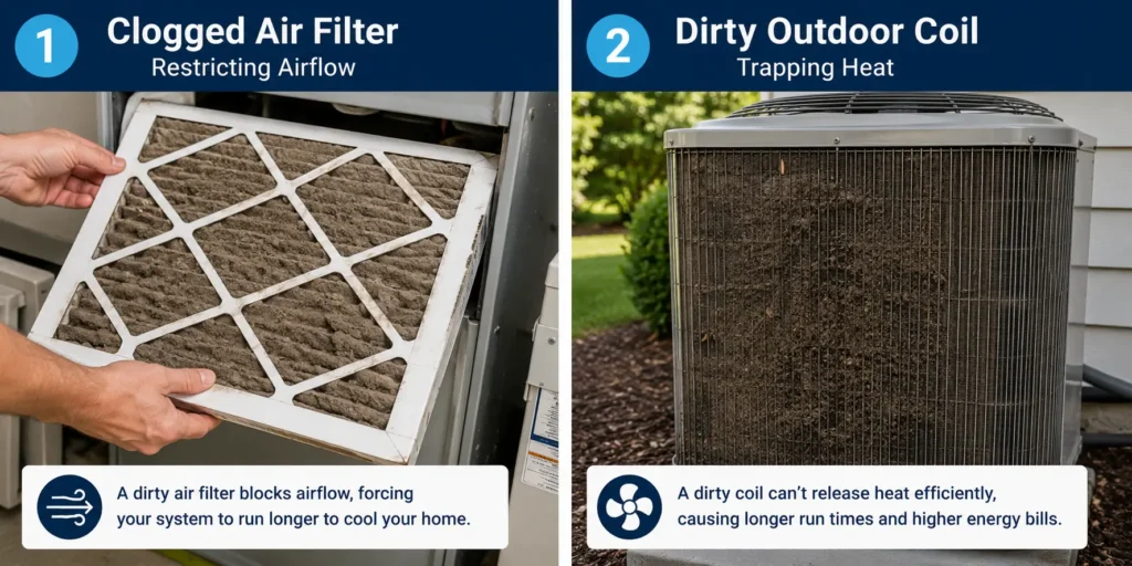 Infographic showing a clogged HVAC air filter restricting airflow and a dirty outdoor condenser coil trapping heat, causing an air conditioner to run continuously