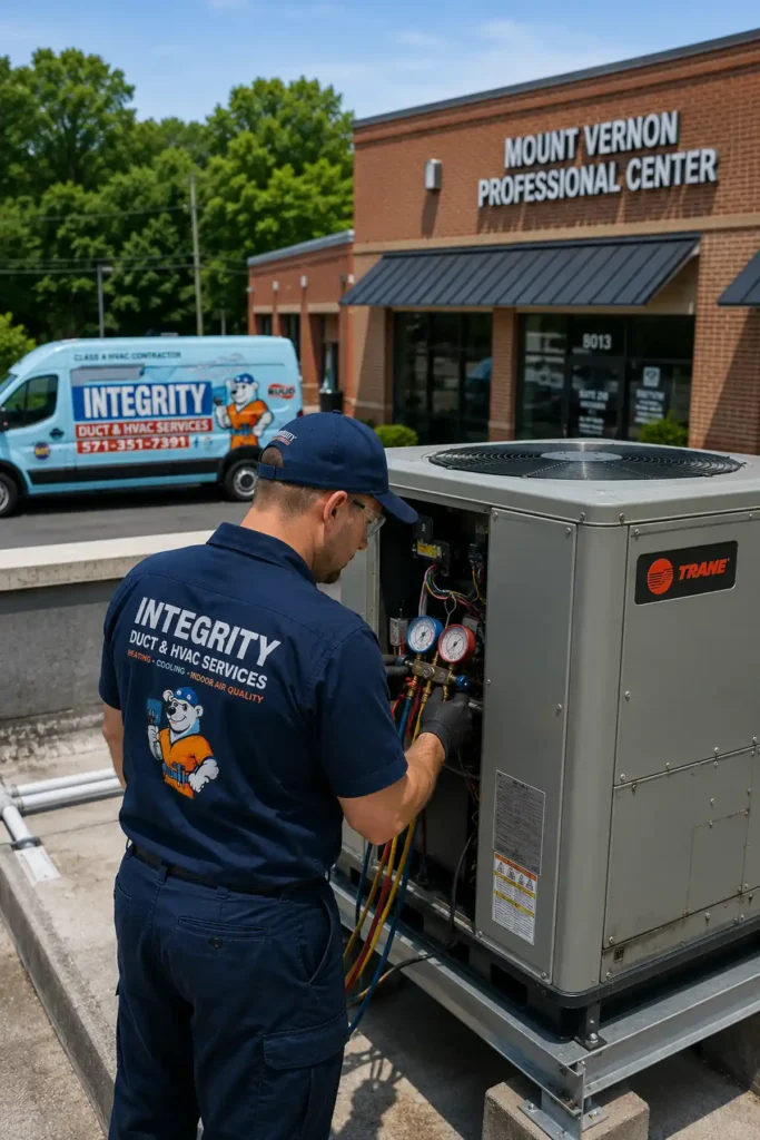 Commercial HVAC Mount Vernon Alexandria VA | Integrity Duct & HVAC Services technician servicing a rooftop commercial HVAC system at a Mount Vernon business in Alexandria Virginia