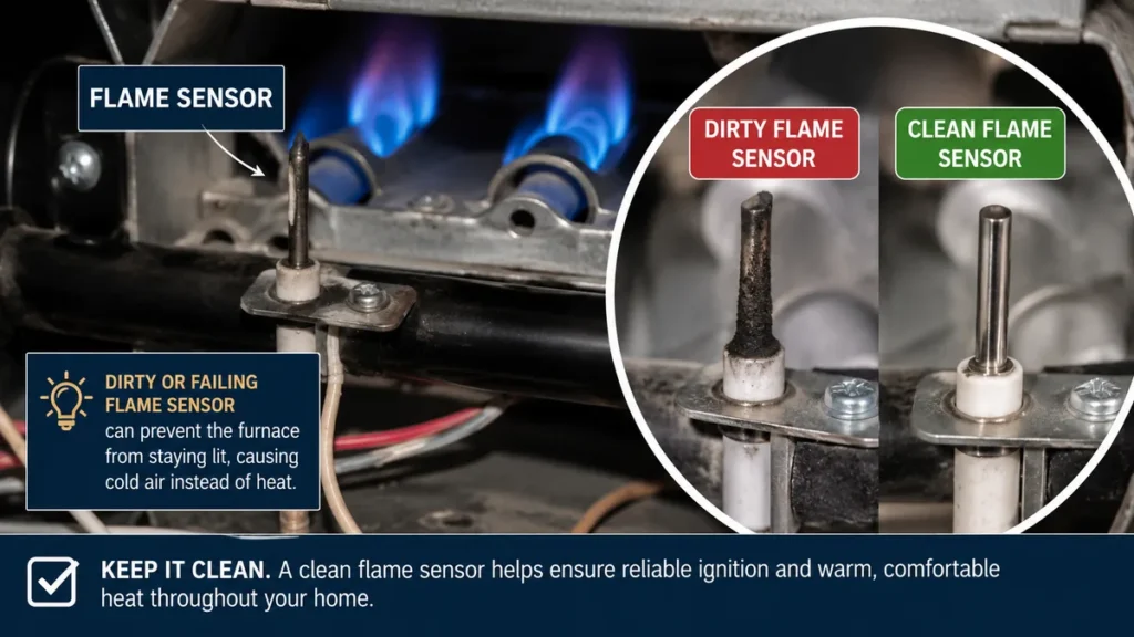 Dirty furnace flame sensor compared with a clean flame sensor near the burner assembly