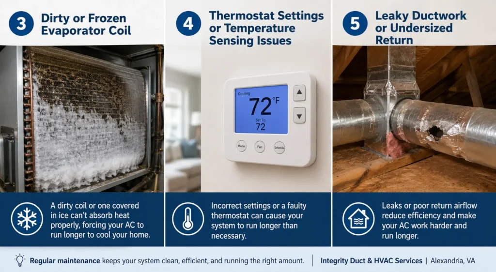 HVAC infographic showing a frozen evaporator coil, thermostat sensing issues, and leaky ductwork as common reasons an air conditioner runs constantly in Alexandria VA homes