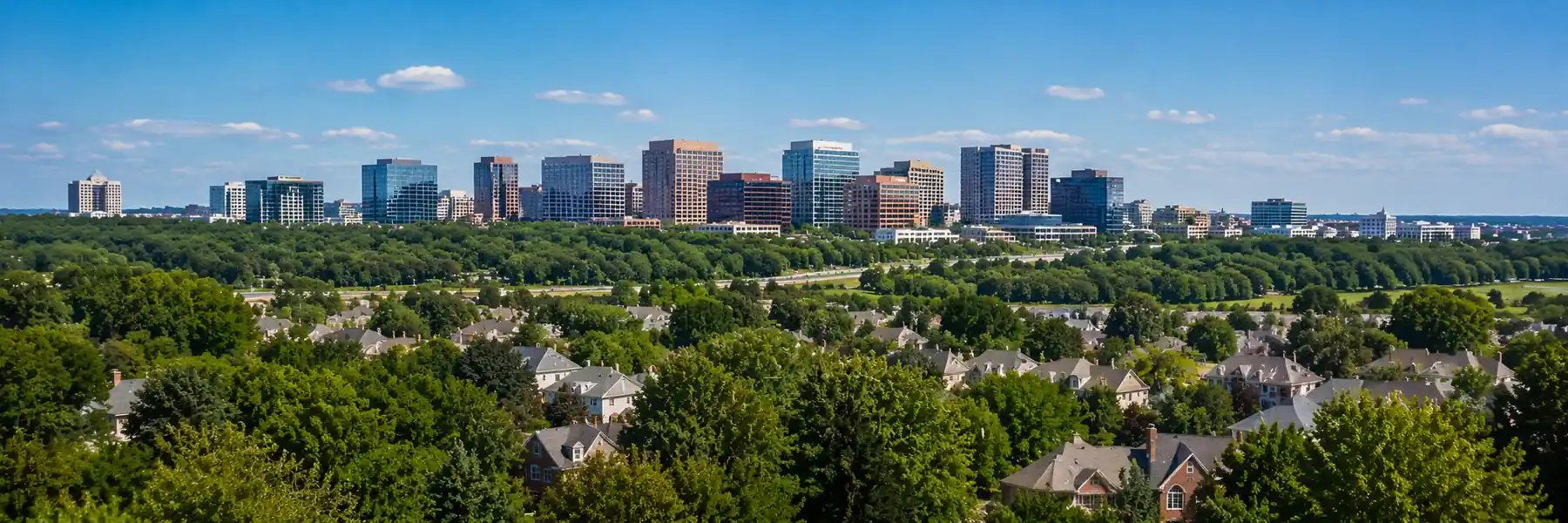 Fairfax County Virginia neighborhoods with suburban homes, mature trees and a commercial skyline