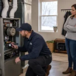HVAC technician diagnosing a furnace blowing cold air in an Alexandria VA home during winter