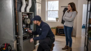 HVAC technician diagnosing a furnace blowing cold air in an Alexandria VA home during winter