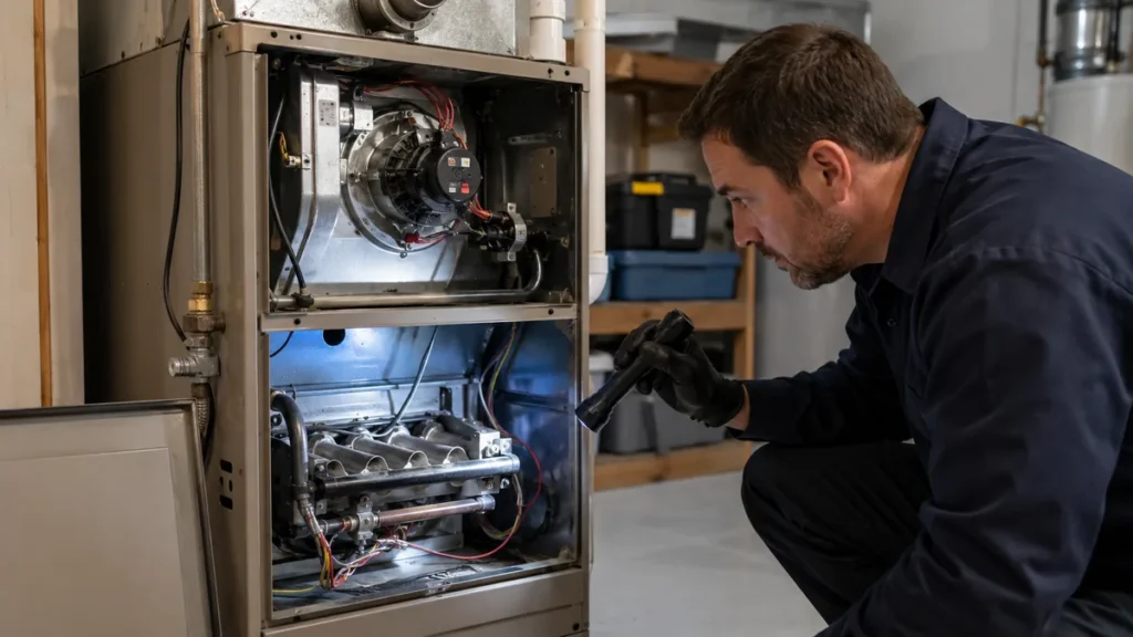 HVAC technician inspecting a furnace ignition system and burner assembly when the pilot light or ignition system is not working