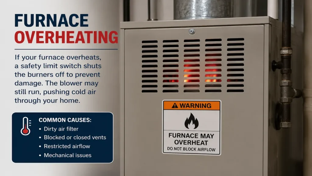 Furnace overheating because of restricted airflow, a dirty filter, blocked vents, or a mechanical problem