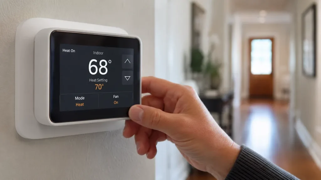 Furnace thermostat fan set to On, which can cause cold air to blow between heating cycles