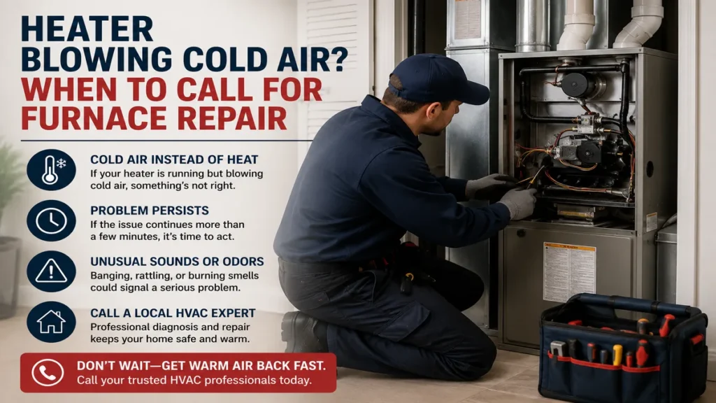 HVAC technician repairing a furnace when a heater is blowing cold air and professional furnace repair is needed