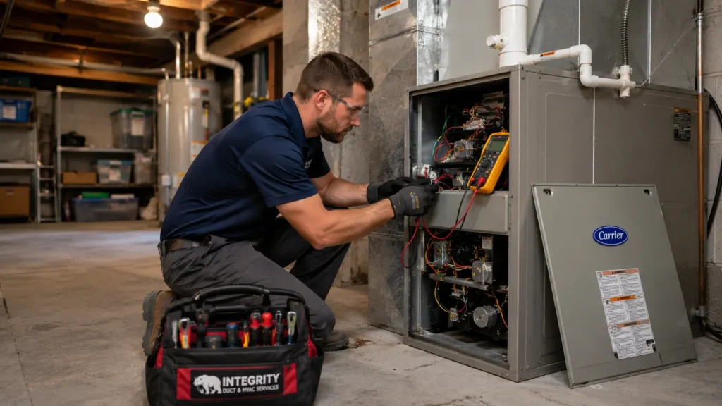 Heating Repair Mount Vernon Alexandria VA | HVAC technician diagnosing a residential furnace in a Mount Vernon basement