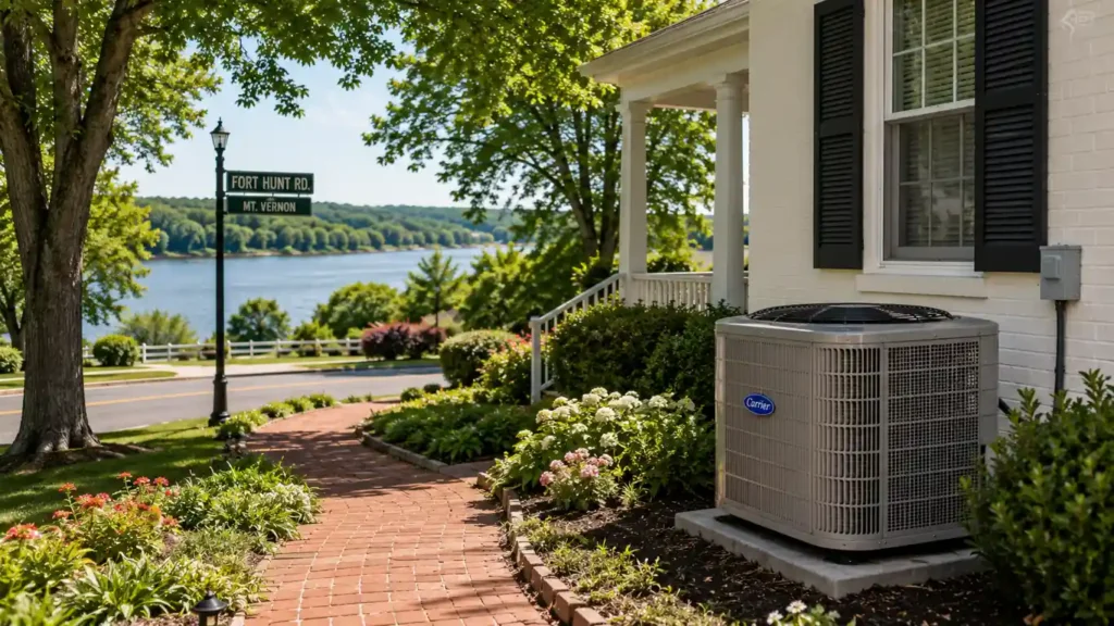 HVAC Installation Mount Vernon Alexandria VA | High-efficiency outdoor HVAC system installed at a riverfront home near Fort Hunt Road in Mount Vernon Alexandria VA