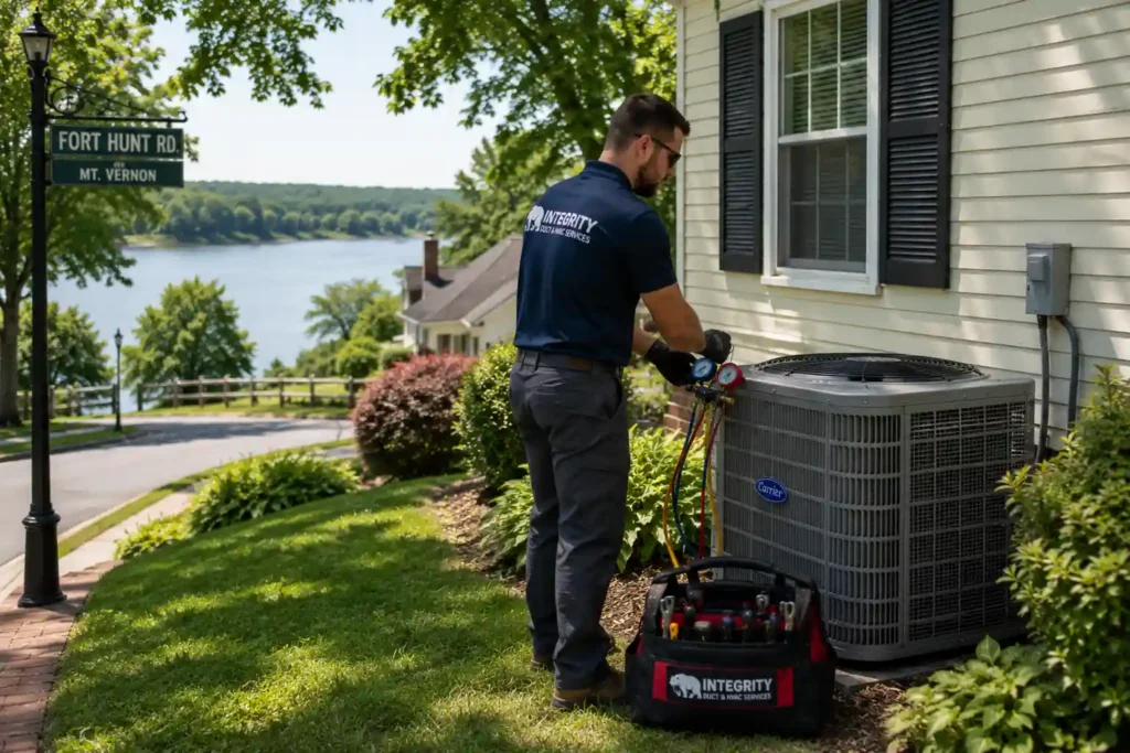 HVAC Maintenance Mount Vernon Alexandria VA | Technician performing air conditioner maintenance at a Fort Hunt Road home near the George Washington Memorial Parkway
