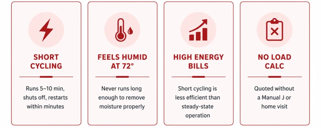 Four warning signs of an oversized HVAC system: short cycling, indoor humidity, high energy bills and no Manual J load calculation