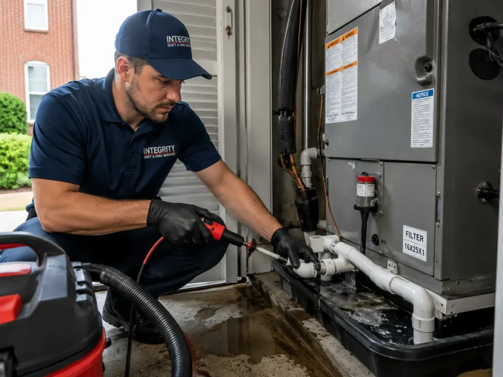 HVAC technician checking clogged AC condensate drain line in Alexandria VA during summer service call
