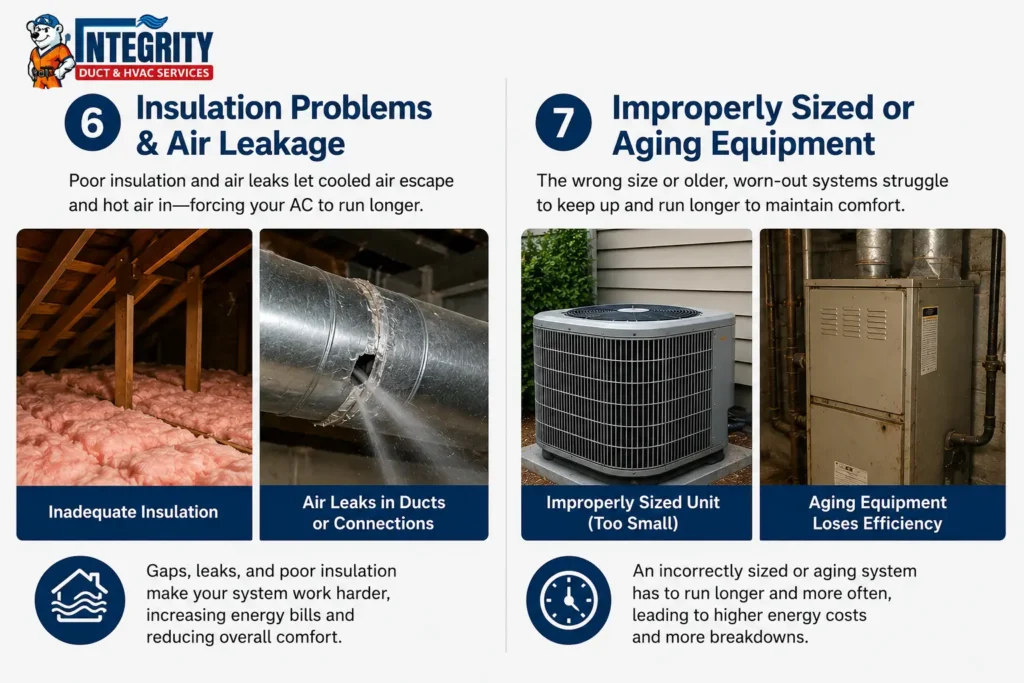 HVAC infographic showing insulation problems, air leakage, and improperly sized or aging HVAC equipment that can cause an air conditioner to run constantly in Alexandria VA homes
