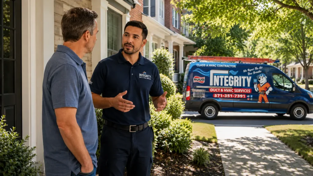 Integrity Duct & HVAC Services technician explaining why an air conditioner may run all day during hot summer weather in Alexandria VA. AC running constantly? Call Integrity today