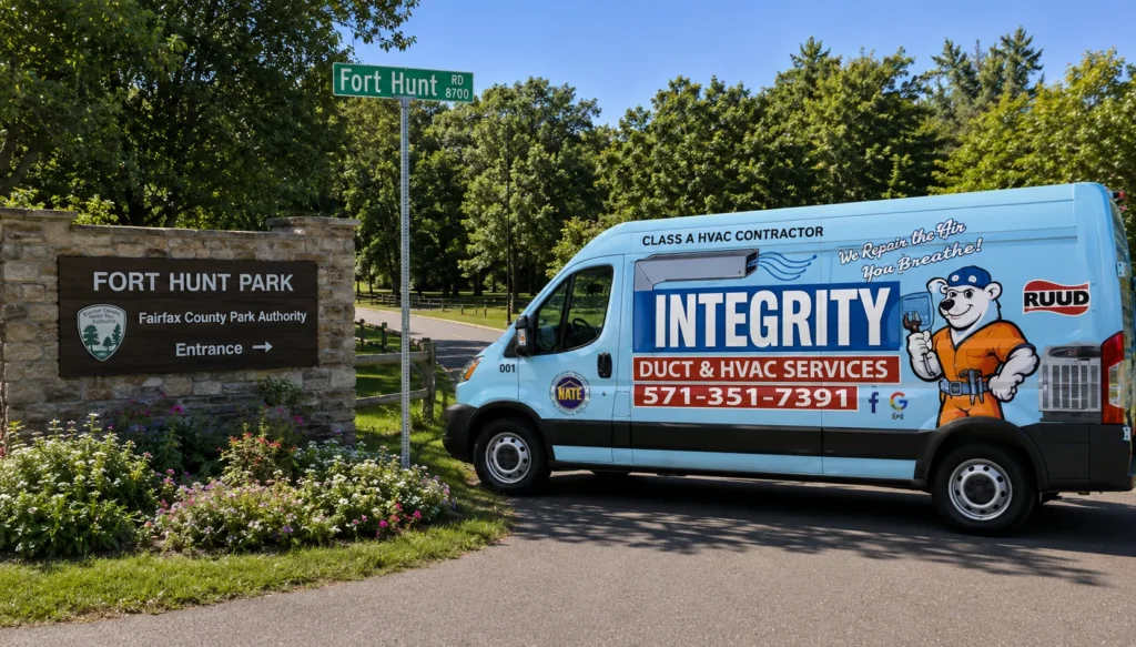 HVAC Mount Vernon Alexandria VA | Integrity Duct & HVAC Services van at the Fort Hunt Park entrance in the Mount Vernon area of Alexandria Virginia