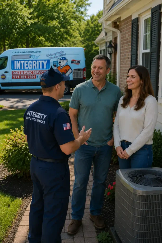 HVAC Contractor Mount Vernon Alexandria VA | Integrity Duct & HVAC Services technician discussing heating and cooling options with Mount Vernon homeowners outside their Alexandria Virginia home