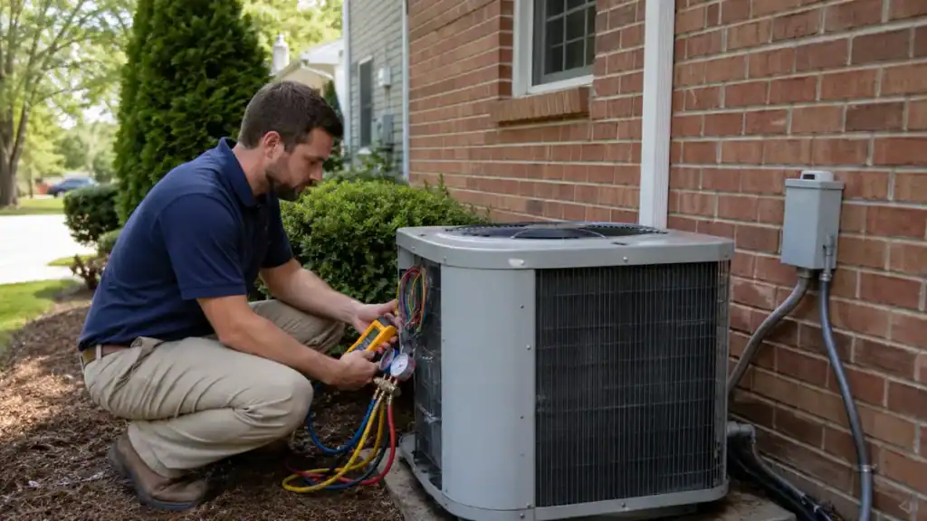 HVAC technician evaluating an air conditioner using the $5,000 rule for HVAC repair or replacement