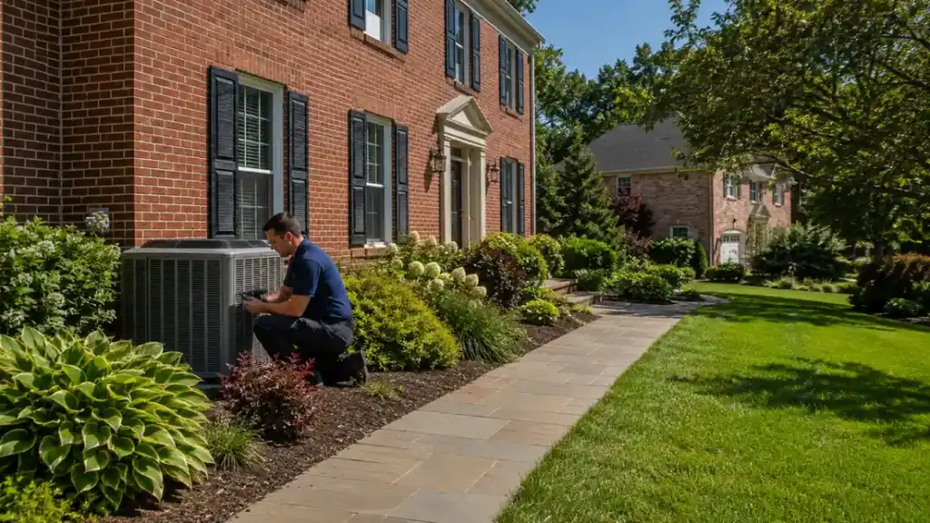 HVAC technician checking air conditioning performance at an Alexandria Virginia home