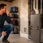 Homeowner investigating a burning smell from furnace equipment in Alexandria VA