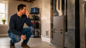 Homeowner investigating a burning smell from furnace equipment in Alexandria VA