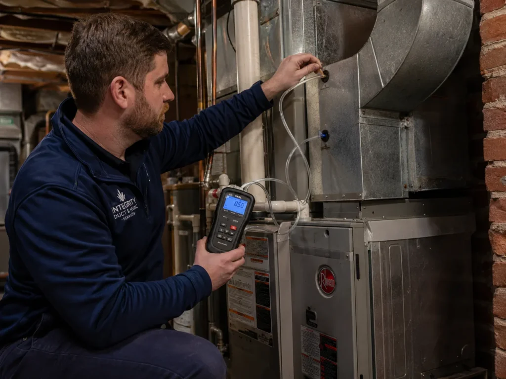 Integrity technician testing furnace airflow and static pressure in an Alexandria home
