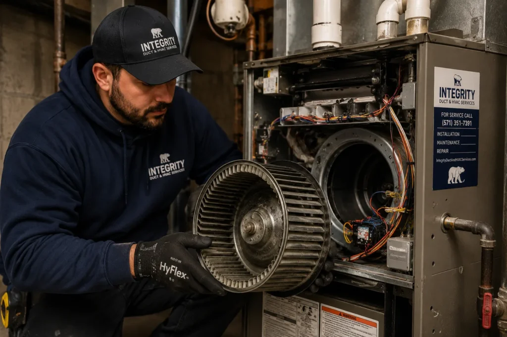 Integrity technician inspecting a furnace blower motor and squirrel cage in Alexandria VA, after a customer called to diagnose heater noises