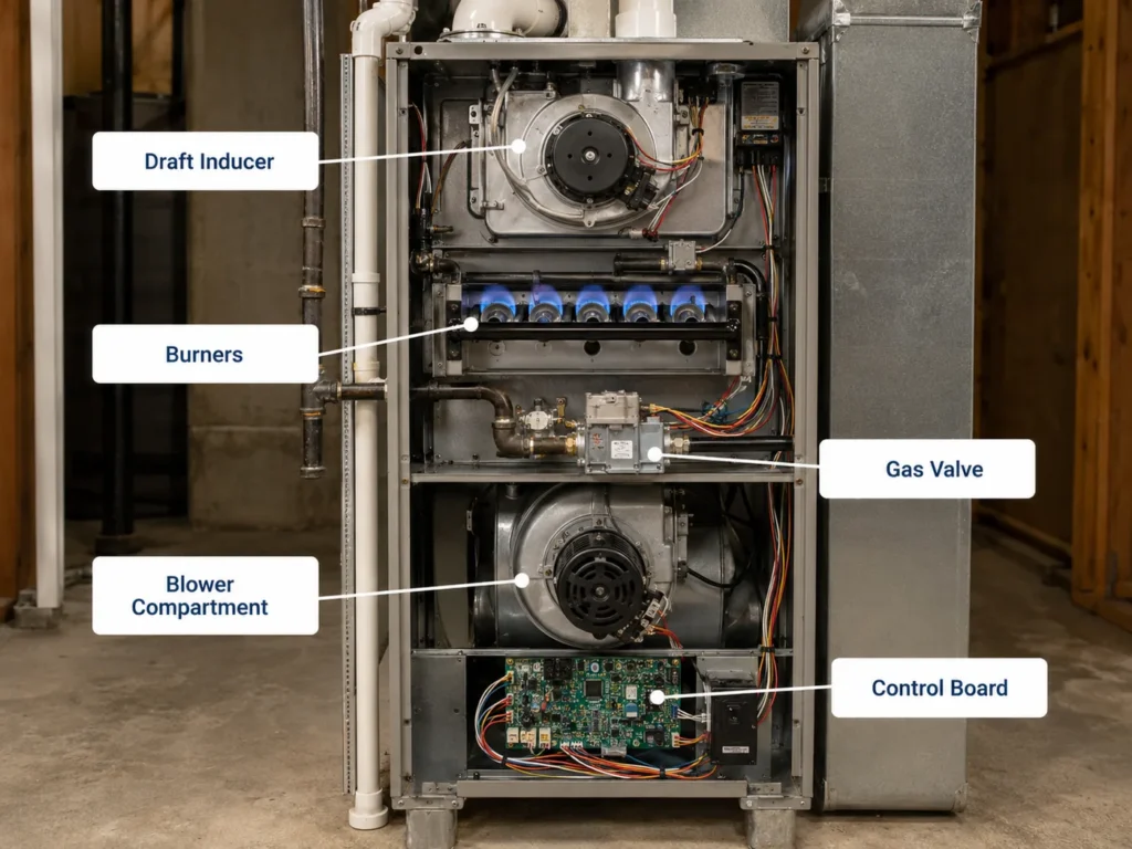 Furnace components involved in common furnace noises including burners, draft inducer, blower compartment, control board and gas valve