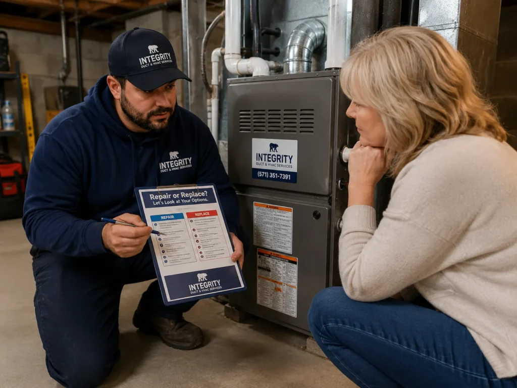 Integrity technician discussing furnace repair versus replacement with a homeowner in Alexandria VA