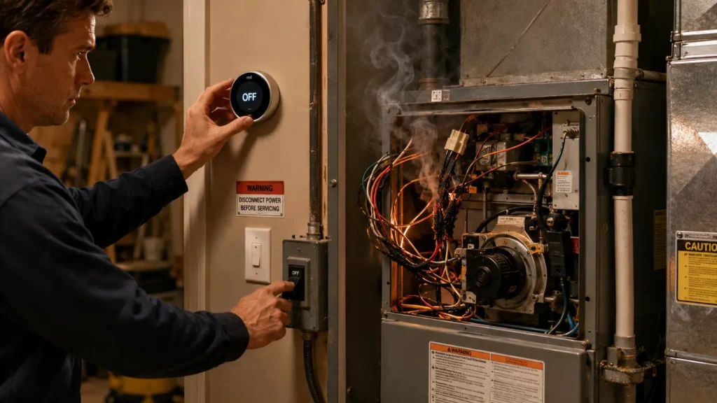 Homeowner shutting off a furnace after noticing burning plastic or electrical wiring