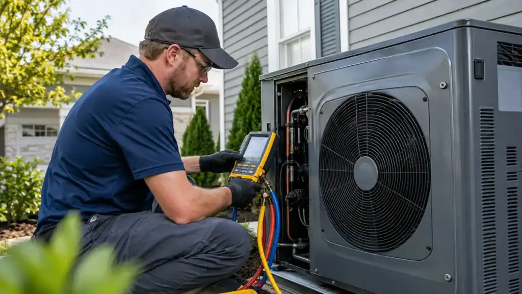 HVAC technician servicing a modern lower-GWP residential heat pump
