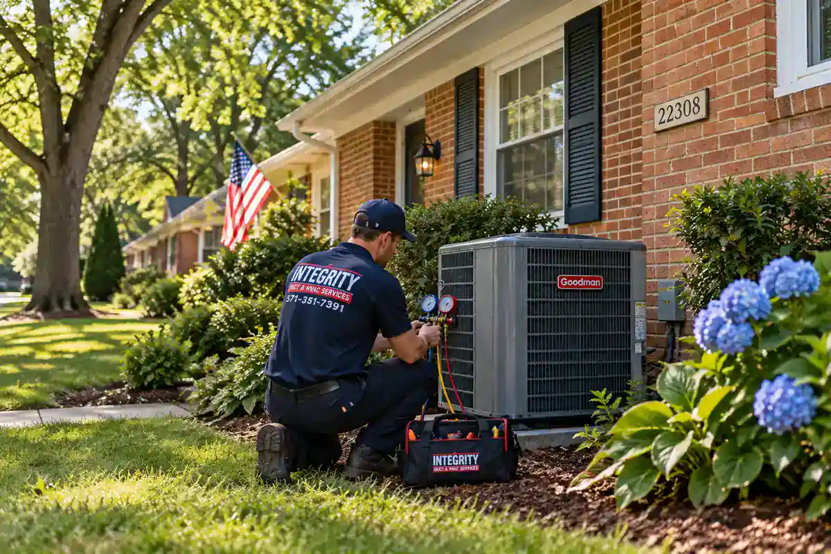 Integrity Duct & HVAC Services technician performing AC repair at a brick home in Fort Hunt, VA