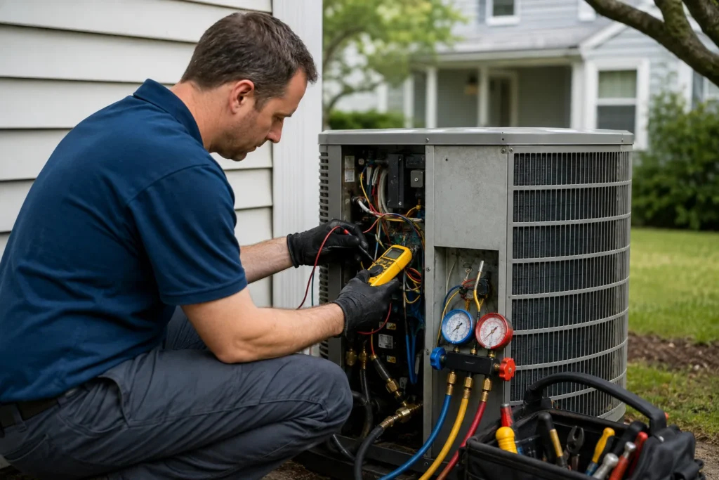 AC repair technician diagnosing a cooling system in Groveton VA
