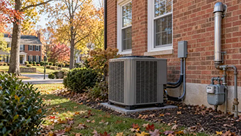 Dual fuel HVAC system with outdoor heat pump at an Alexandria VA brick home