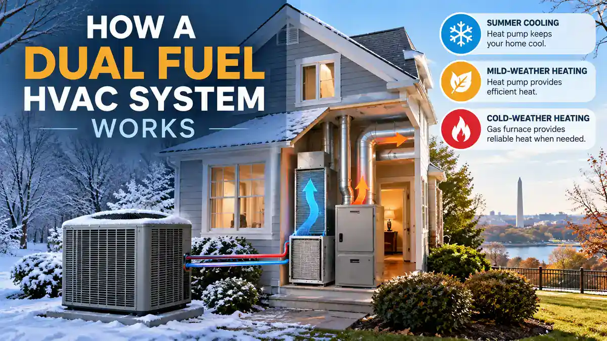 Dual fuel HVAC system in Alexandria VA showing heat pump and gas furnace heating