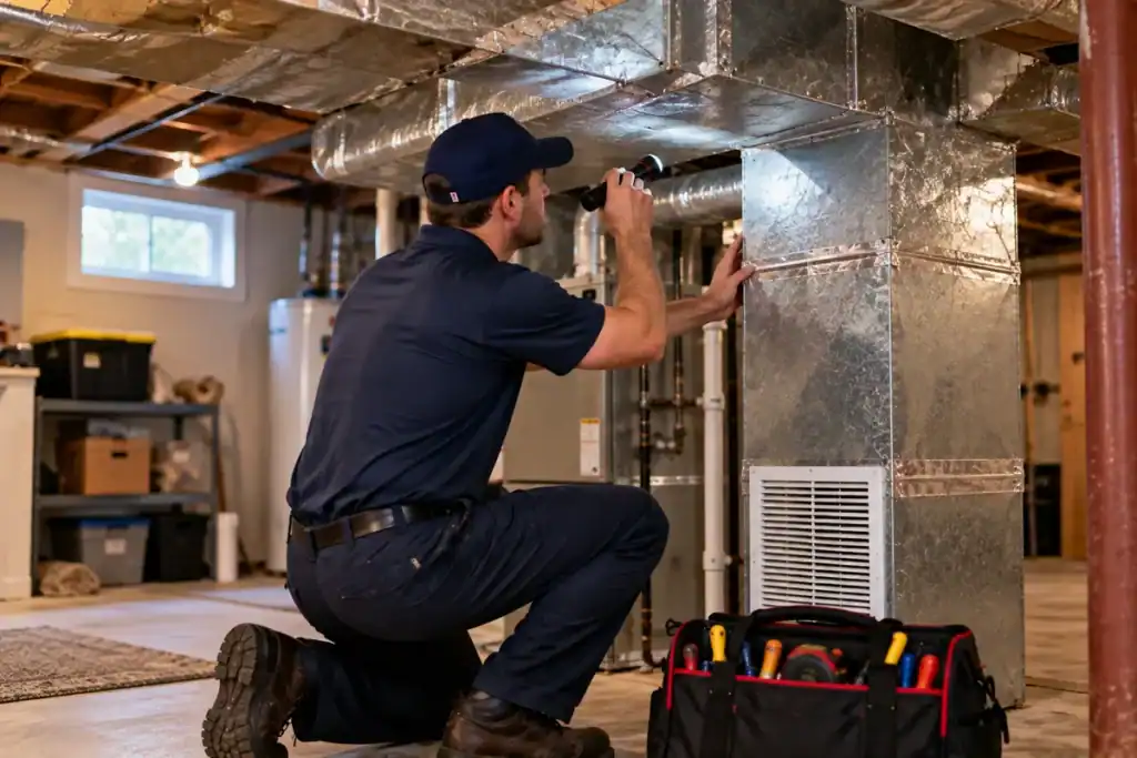 HVAC technician inspecting residential ductwork and airflow in a Fort Hunt, VA basement