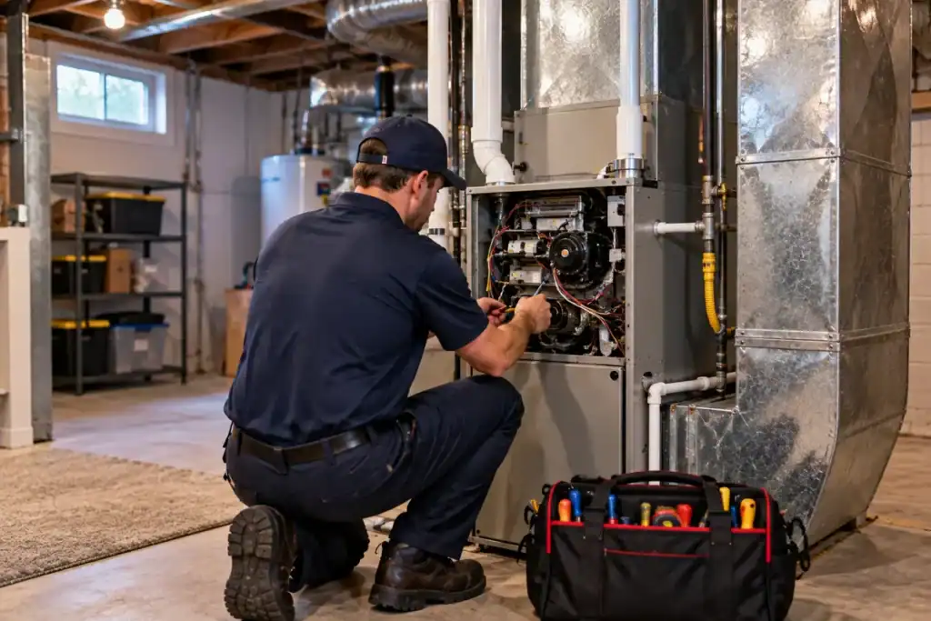 Integrity Duct & HVAC Services technician servicing a furnace in a Fort Hunt, VA basement
