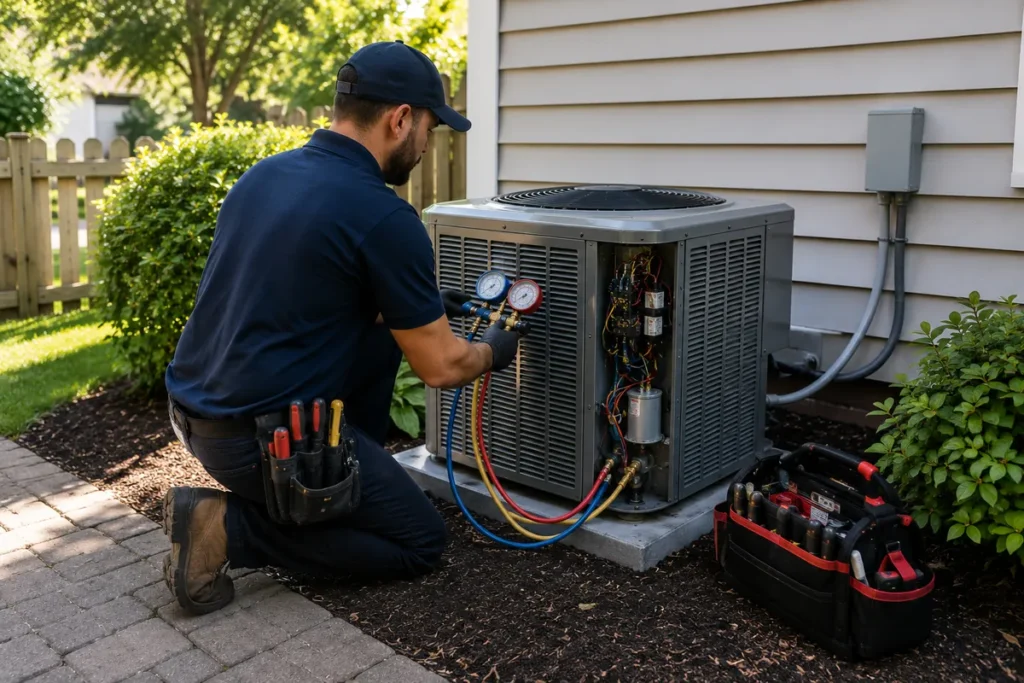 HVAC technician performing AC maintenance on an outdoor system in Groveton VA