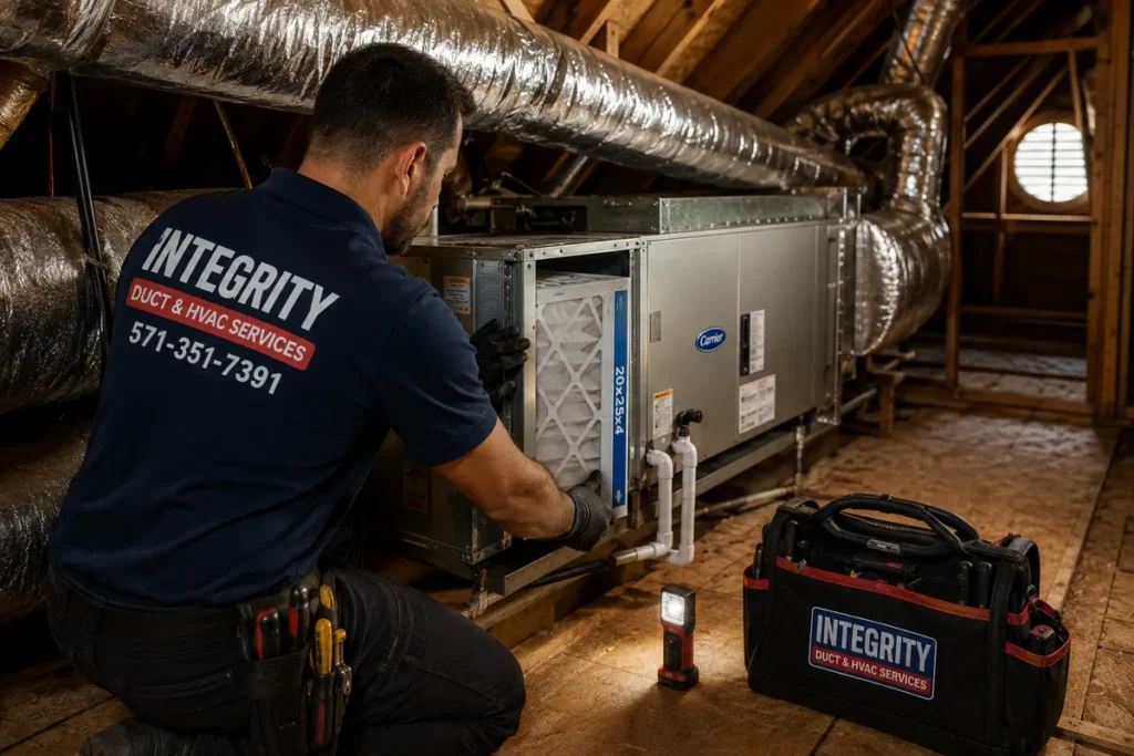 Integrity HVAC technician servicing an attic air handler in a Groveton VA home