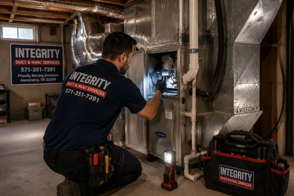 Integrity HVAC technician inspecting basement heating equipment in a Groveton VA home
