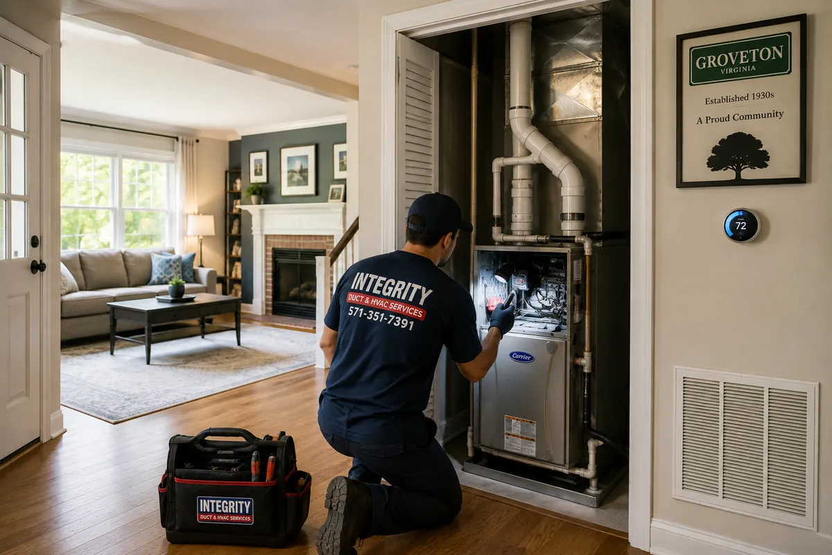 Integrity HVAC technician inspecting a furnace in a Groveton VA home