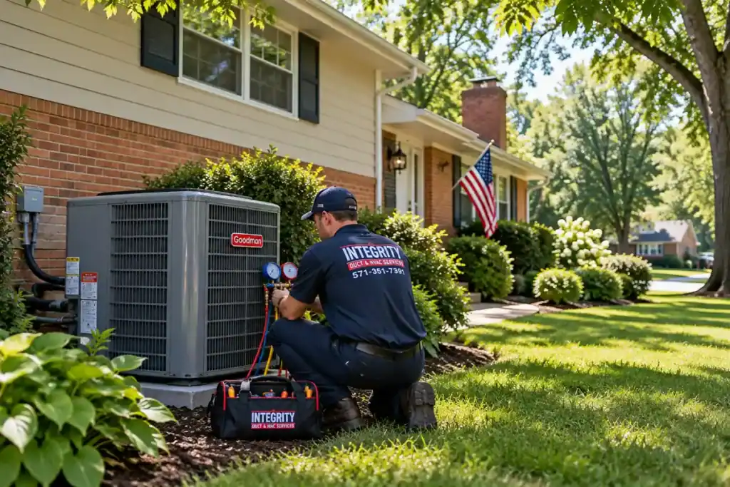 Integrity Duct & HVAC Services technician servicing a heat pump at a split-level home in Fort Hunt, VA