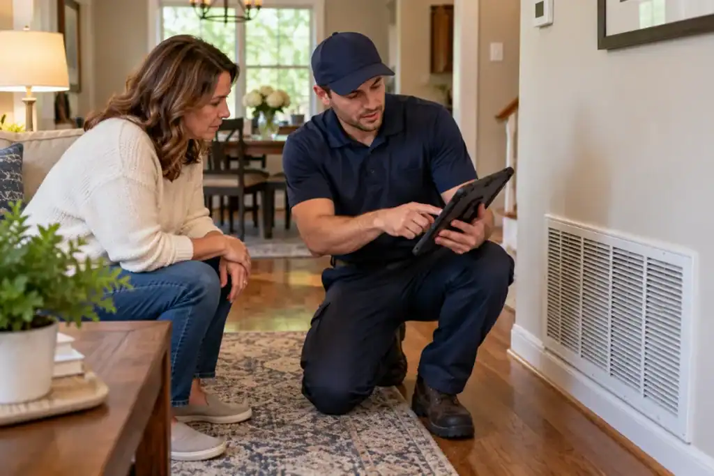 HVAC technician reviewing airflow and system options with a homeowner in Fort Hunt, VA
