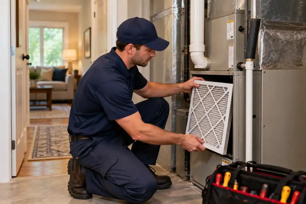HVAC technician replacing an air filter during maintenance service in a Fort Hunt, VA home