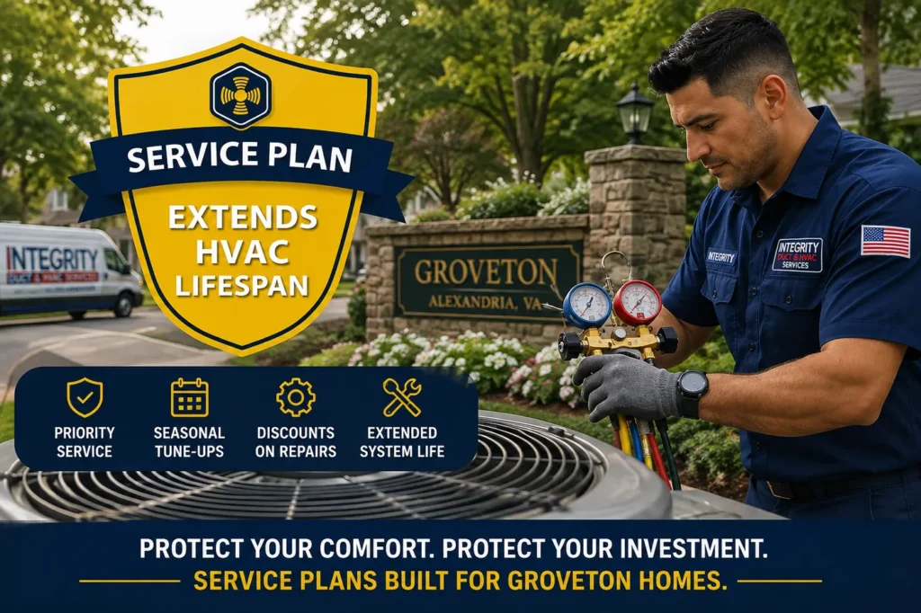 Integrity HVAC technician performing service plan maintenance on an outdoor system in Groveton VA