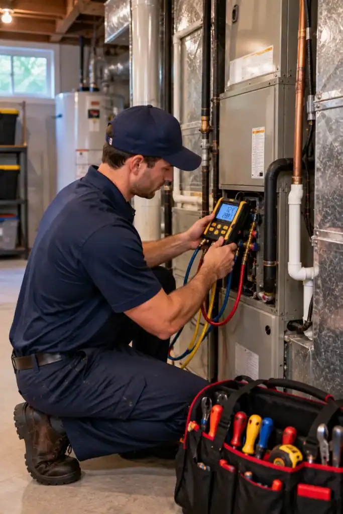 HVAC technician performing system diagnostics inside a Fort Hunt, VA home