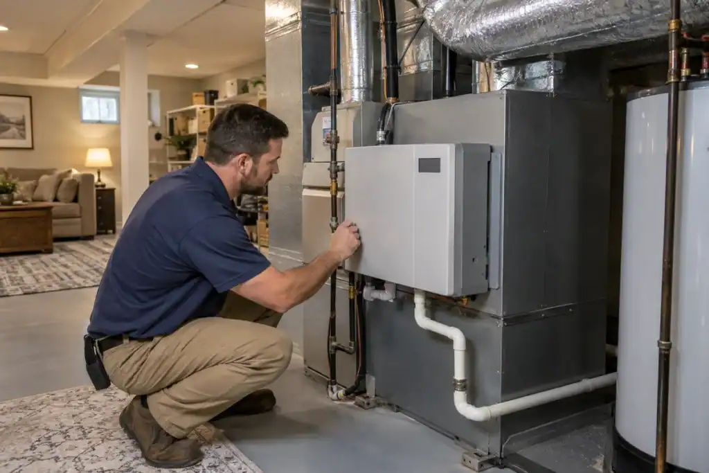 HVAC technician inspecting a whole-home dehumidifier in a Fort Hunt, VA basement